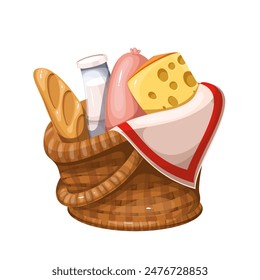 Wicker cartoon basket with grocery products. Funny retro wooden box of healthy food, picnic and farm market shopping mascot. Cartoon basket with bread, milk, cheese and sausage vector illustration