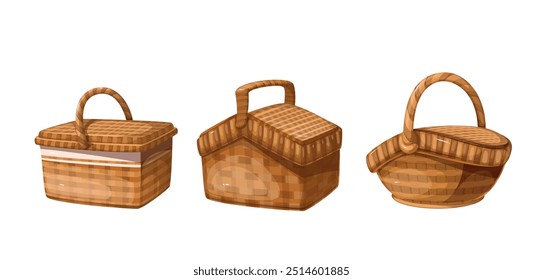 Wicker cartoon baskets with closed lid set. Funny retro handmade traditional hampers made of wood. Basketwork and food storage mascot, cartoon decorative brown braided baskets vector illustration