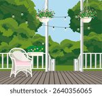 Wicker chair on the veranda overlooking the garden.