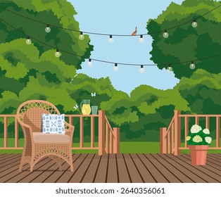 Wicker chair on the veranda overlooking the garden.