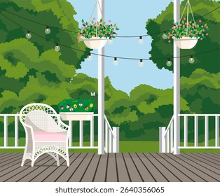 Wicker chair on the veranda overlooking the garden.