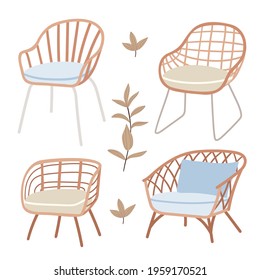 Wicker chairs in boho style.Cute furniture in a rustic style. Atmosphere of a country house. Dried flowers.