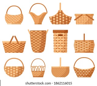 Wicker decorative basket. Traditional picnic willow basket with handle, baskets for outdoor dining. Wicker hampers vector illustration set. Empty straw hampers for food and products