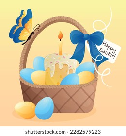 Wicker easter basket with eggs, easter cake and a burning candle, a blue bow and a postcard in yellow and blue colors