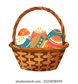 Wicker Easter basket filled with colourful Easter dyed eggs, Festive Vector Illustration isolated on white background. 