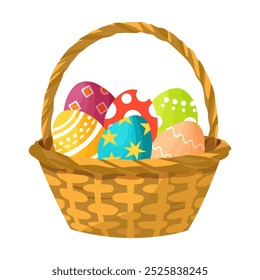 Wicker Easter basket filled with Easter dyed eggs, Festive Vector illustration isolated on white background. 