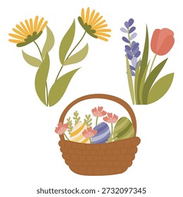 Cesta de pascua de mimbre con los huevos pintados y las flores de la primavera, Ilustración vectorial linda aislada en blanco