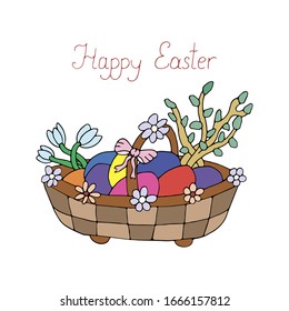 Wicker Easter basket with willow branches, flowers, snowdrops and painted Easter eggs. Hand drawn vector. Illustration isolated on white background.