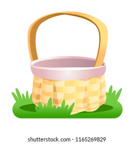 Wicker empty basket on the green grass isolated on white background. Vector illustration
