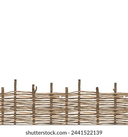 Wicker fence made of flexible willow or hazel wood, seamless pattern, vector isolated illustration. Wooden border design element.