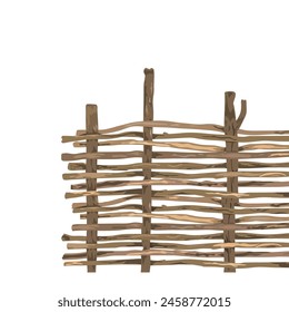 Valla de mimbre hecha de madera de sauce flexible o avellana, ilustración aislada de Vector. Marco de esquina, elemento de diseño de borde