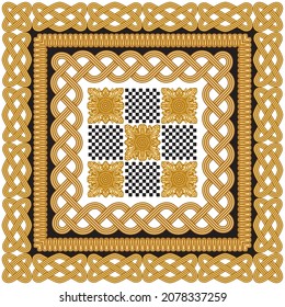 Wicker frieze of golden braids, gold floral border, square flower décor, wattled frames on a white and black background. 3 pattern brushes in the brush palette