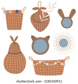 Wicker furniture for children's room in boho style. Vector illustration