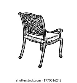 Wicker garden chair sketch. Outdoor street cafe furniture. Vector hand drawn illustration isolated on white background. Side rear view