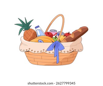 Wicker grocery basket for picnic. Hamper with bottle of drink, soda cans, fruit for eating in nature. Cute pannier with food for romantic date outdoors. Flat isolated vector illustration on white