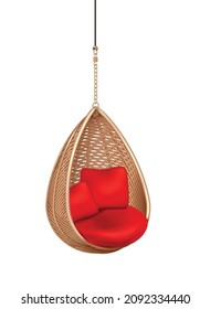 Wicker hanging swing chair composition with isolated image of modern lounge with soft pillows vector illustration