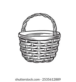 Wicker harvest basket with handle. Vector graphic line illustration, hand drawn isolated. Black and white doodle. Rustic empty container, straw picnic bag. Clipart for postcard, scrapbooking, sticker.