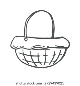 Korb mit Korb und Griff. Vektorgrafik, Liniendiagramm, handgezeichnet, einzeln. Schwarz-weißes Doodle. Rustikaler leerer Behälter, Strohpicknickbeutel. Clipart für Postkarte, Scrapbooking, Aufkleber.