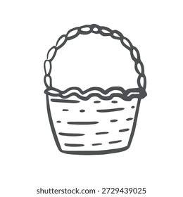Wicker harvest basket with handle. Vector graphic line illustration, hand drawn isolated. Black and white doodle. Rustic empty container, straw picnic bag. Clipart for postcard, scrapbooking, sticker.