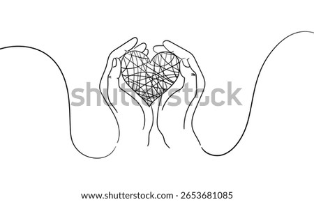 Wicker heart in women's hands, continious line drawing. Love, charity, help, support outline, Mother's Day, Valentine's Day. Vector illustration