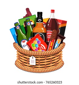 Wicker holiday present basket full of gifts for man. Handmade retro wickerwork handle gift basket for males. Beer, whiskey liquor bottles, cola, meat jerky, sweets. Flat vector isolated illustration.