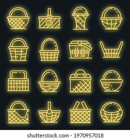 Wicker icons set. Outline set of wicker vector icons neon color on black