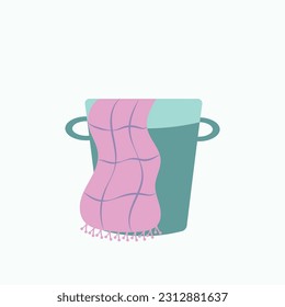 Wicker Laundry Basket with plaid, towel inside.Vector illustration.