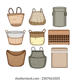 wicker laundry basket set cartoon. hamper woven, natural rattan, stylish ecofriendly wicker laundry basket sign. isolated symbol vector illustration