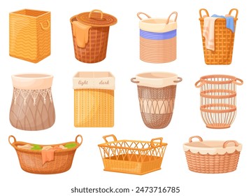 Cestas de mimbre. Cesta de dibujos animados tela desordenada o ropa sucia, cesta de bambú de madera de ratán tejiendo cestas de paja de moda interior del hogar, contenedor prolija Ilustración vectorial de tela de cesta de mimbre