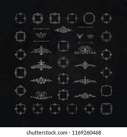Wicker lines and black decor elements. Vintage borders, frame and rosette in set. Vector page decoration. Decoration for logos, wedding album or restaurant menu. Calligraphic design elements