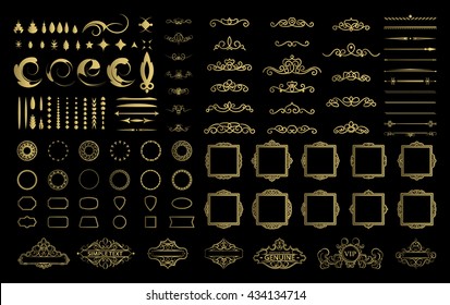 Wicker Lines And Decor Elements In Vector. Vintage Borders, Frame Collection In Gold Color. Retro Page Decoration. Decoration For Logos, Wedding Album Or Restaurant Menu. Calligraphic Design Elements