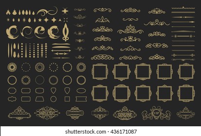 Wicker lines and decor elements in vector. Vintage borders, frame collection in gold color. Retro page decoration. Decoration for logos, wedding album or restaurant menu. Calligraphic design elements