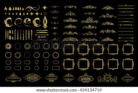 Wicker lines and decor elements in vector. Vintage borders, frame collection in gold color. Retro page decoration. Decoration for logos, wedding album or restaurant menu. Calligraphic design elements