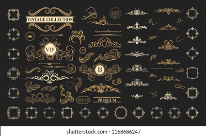 Wicker lines and old decor elements in vector. Vintage borders, frame and rosette in set. Vector page decoration. Decoration for logos, wedding album or restaurant menu. Calligraphic design elements