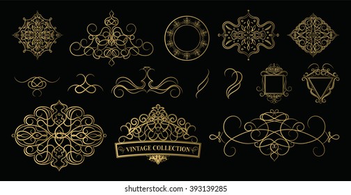 Wicker lines and old decor elements in vector. Vintage borders, frame and rosette in set. Decoration for logos, wedding album or restaurant menu.