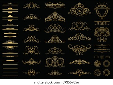 Wicker lines and old decor elements in vector. Vintage borders, frame and rosette in set. Decoration for logos, wedding album or restaurant menu.