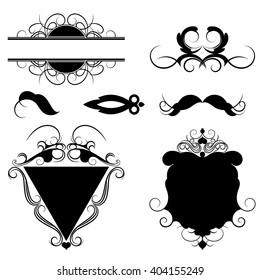 Wicker lines and old decor elements in vector. Vintage borders, frame and rosette in set. Decoration for logos, wedding album or restaurant menu.