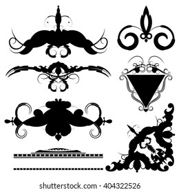 Wicker lines and old decor elements in vector. Vintage borders, frame and rosette in set. Decoration for logos, wedding album or restaurant menu.