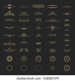 Wicker lines and old decor elements in vector. Vintage borders, frame and rosette in set. Vector page decoration. Decoration for logos, wedding album or restaurant menu. Calligraphic design elements