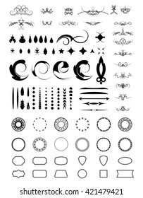 Wicker lines and old decor elements in vector. Vintage borders, frame and rosette in set. Vector page decoration. Decoration for logos, wedding album or restaurant menu. Calligraphic design elements