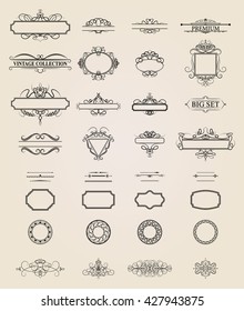 Wicker lines and old decor elements in vector. Vintage borders, frame and rosette in set. Vector page decoration. Decoration for logos, wedding album or restaurant menu. Calligraphic design elements