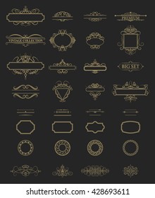 Wicker lines and old decor elements in vector. Vintage borders, frame and rosette in set. Vector page decoration. Decoration for logos, wedding album or restaurant menu. Calligraphic design elements