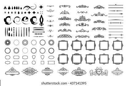 Wicker lines and old decor elements in vector. Vintage borders, frame and rosette in set. Vector page decoration. Decoration for logos, wedding album or restaurant menu. Calligraphic design elements