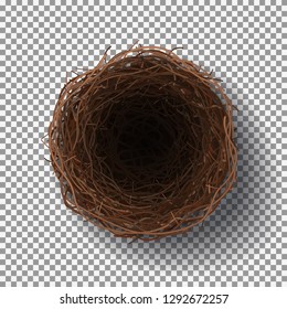 Wicker nest isolated on transparent background. Realistic top view on empty bird nest. Vector illustration.