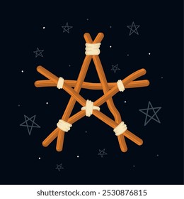 Wicker pentagram on dark background with stars, Vector