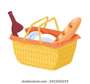 Wicker picnic basket with baguette, wine and plates. Hamper with stuff for leisurely outdoor meal. Container to carry and transport food, drinks and other essentials for outing. Vector in flat style