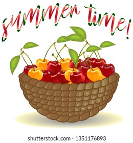 Wicker picnic basket with berries. Opened food hamper with cherry. illustration in flat style