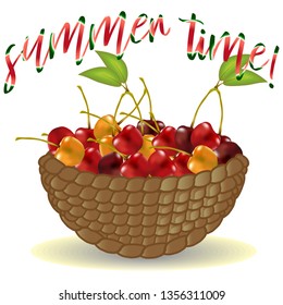Wicker picnic basket with berries. Opened food hamper with cherry. illustration in flat style