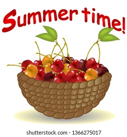 Wicker picnic basket with berries. Opened food hamper with cherry. illustration in flat style