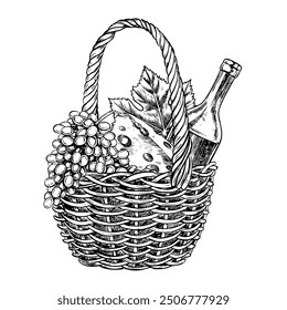 Una cesta de picnic de mimbre, una botella de vino, queso y uvas. Una Ilustración vectorial gráfica dibujada a mano. Unas vacaciones en la naturaleza. Aislar sobre un fondo blanco. Para paquetes y etiquetas., Anuncios, carteles